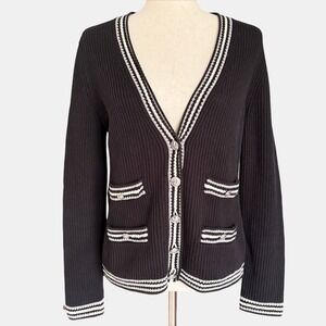 Talbots Cotton Ribbed Cardigan Button Sweater preppy dark academia SP black